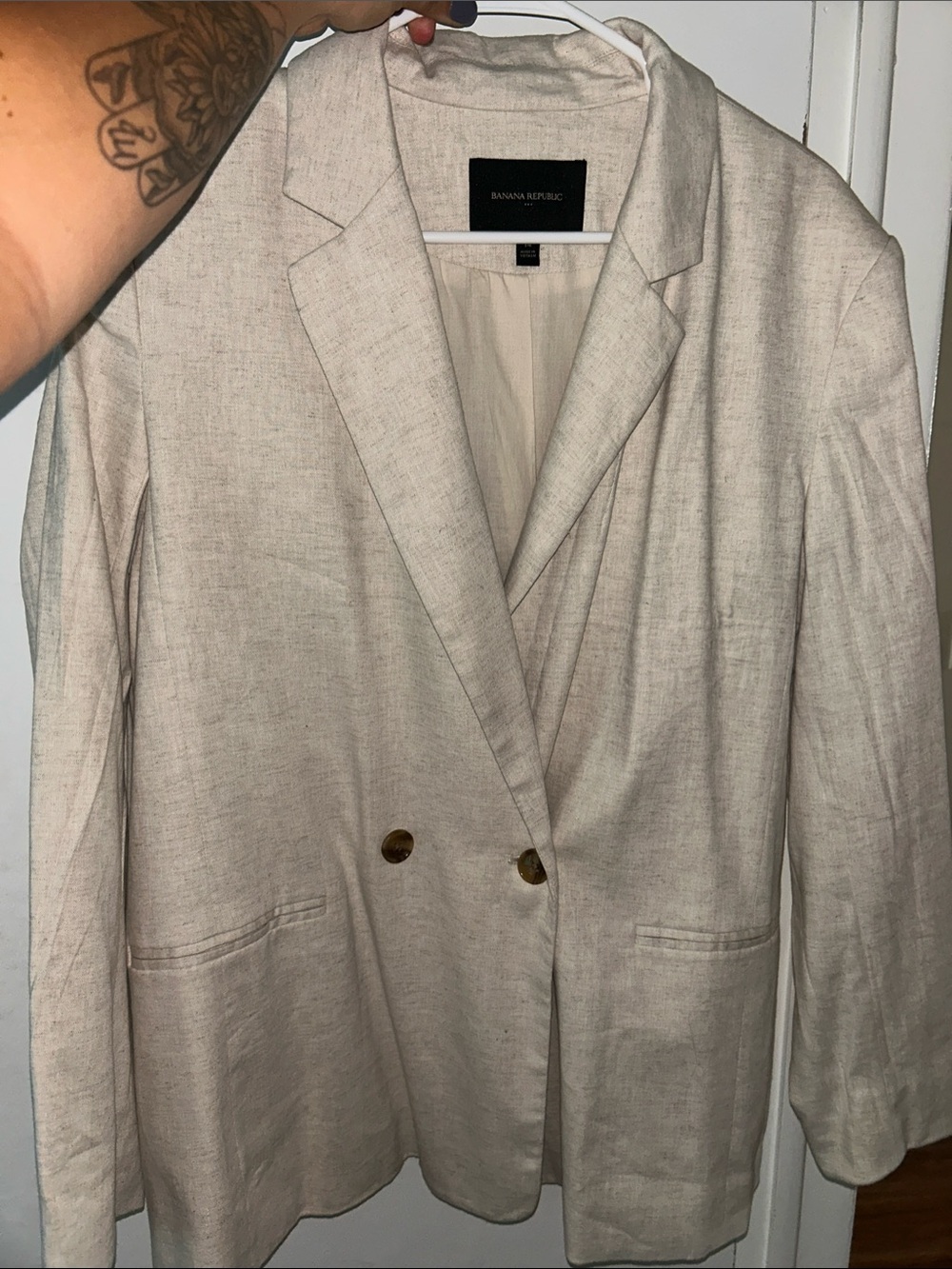 Banana Republic Light Beige Double-Breasted Linen-Blend Blazer